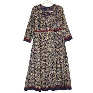 April Cornell Indian Fresco Midi Dress Batik Floral Cotton Button Top Pullover M